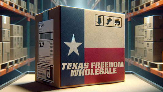 A box with the Texas Flag on it with the letters Texas Freedom Wholesale across the box. 